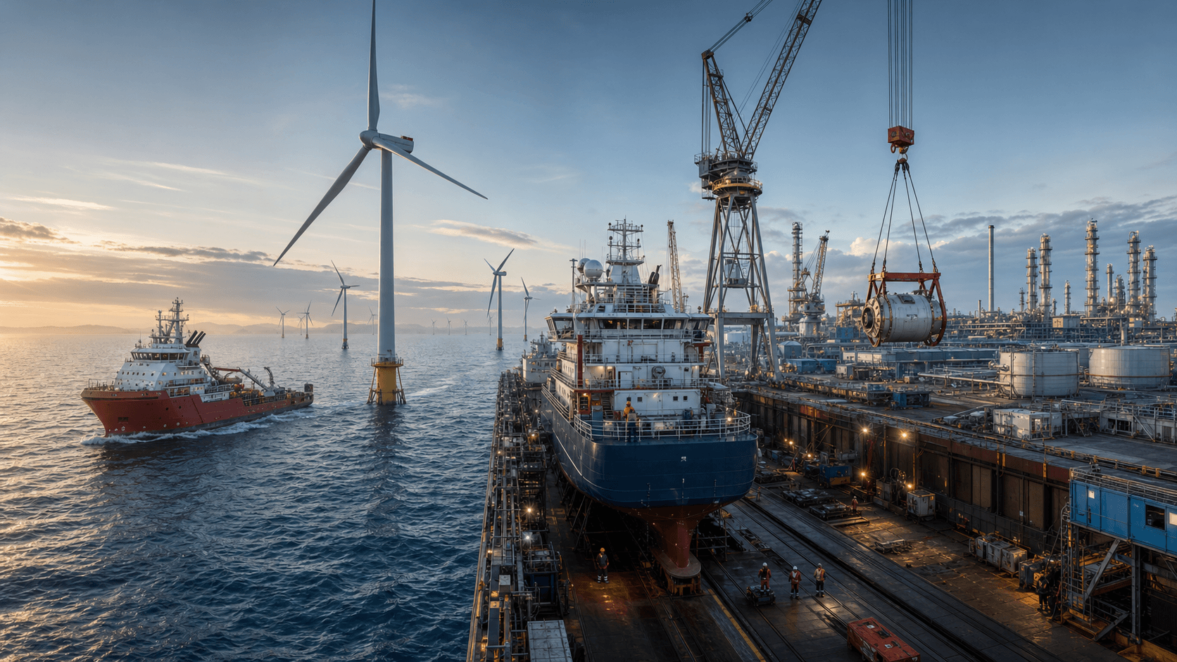 Offshore vessel, shipyard, heavy-lift crane and industrial operations